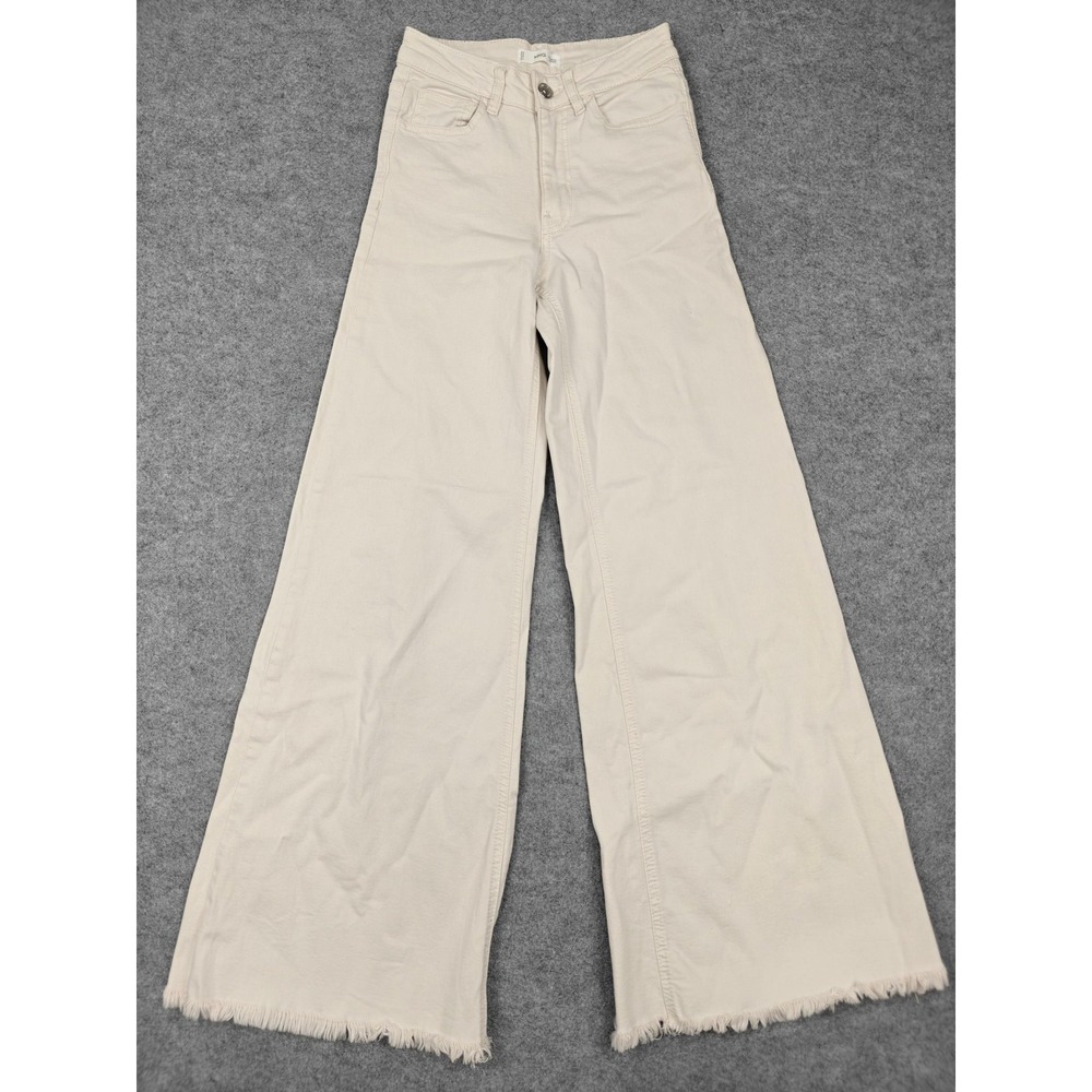 MNG Teen Wide Leg Jeans Girls XS Beige Raw Fringe Hem Stretch Denim Casual